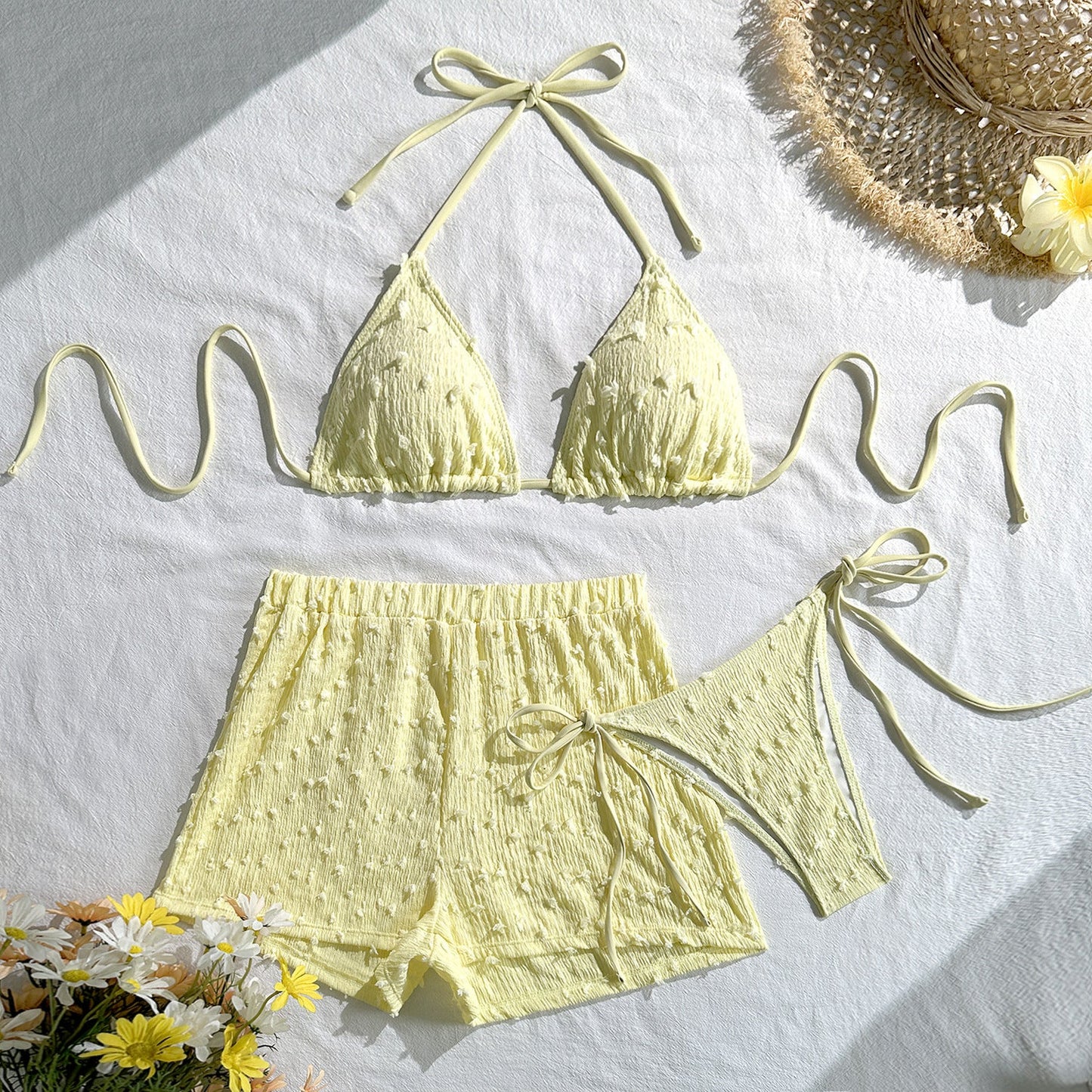 Halter Lace-Up Three-Piece Bikini Set