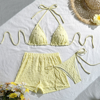 Halter Lace-Up Three-Piece Bikini Set