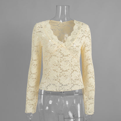 Lace V-Neck Hollow-Out Long Sleeve Bottoming Shirt