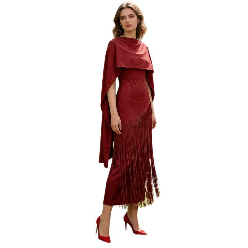 Faux Two-Piece Tassel Shawl Swing Maxi Dress
