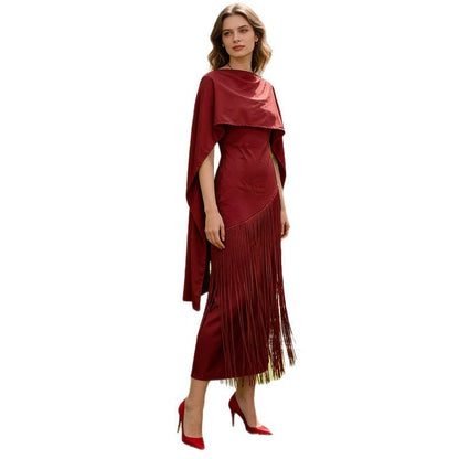 Faux Two-Piece Tassel Shawl Swing Maxi Dress