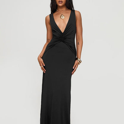 Milk Silk V-Neck Halter Backless Pleated Fishtail Maxi Dress