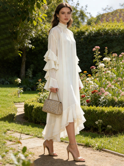 High Neck Ruffled Bell Sleeve Asymmetric Loose Maxi Dress