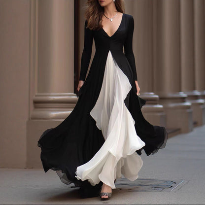 French Black & White Color Contrast V-Neck Swing Maxi Dress