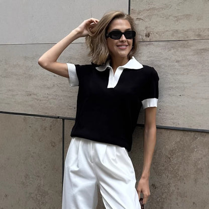 Polo Collar Contrast Color Slim Knit Short Sleeve Top