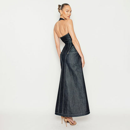 Denim Halter Sleeveless Slim Backless Sheath Dress