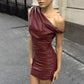 Faux Leather Diagonal Collar Pleated Sheath Dress