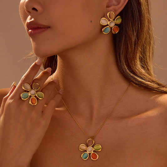 18K Gold Opal Floral Drop Earrings