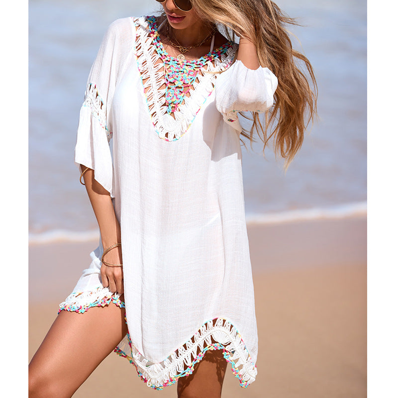 Colorful Crochet Hollow-Out Backless Lace-Up Beach Blouse Dress