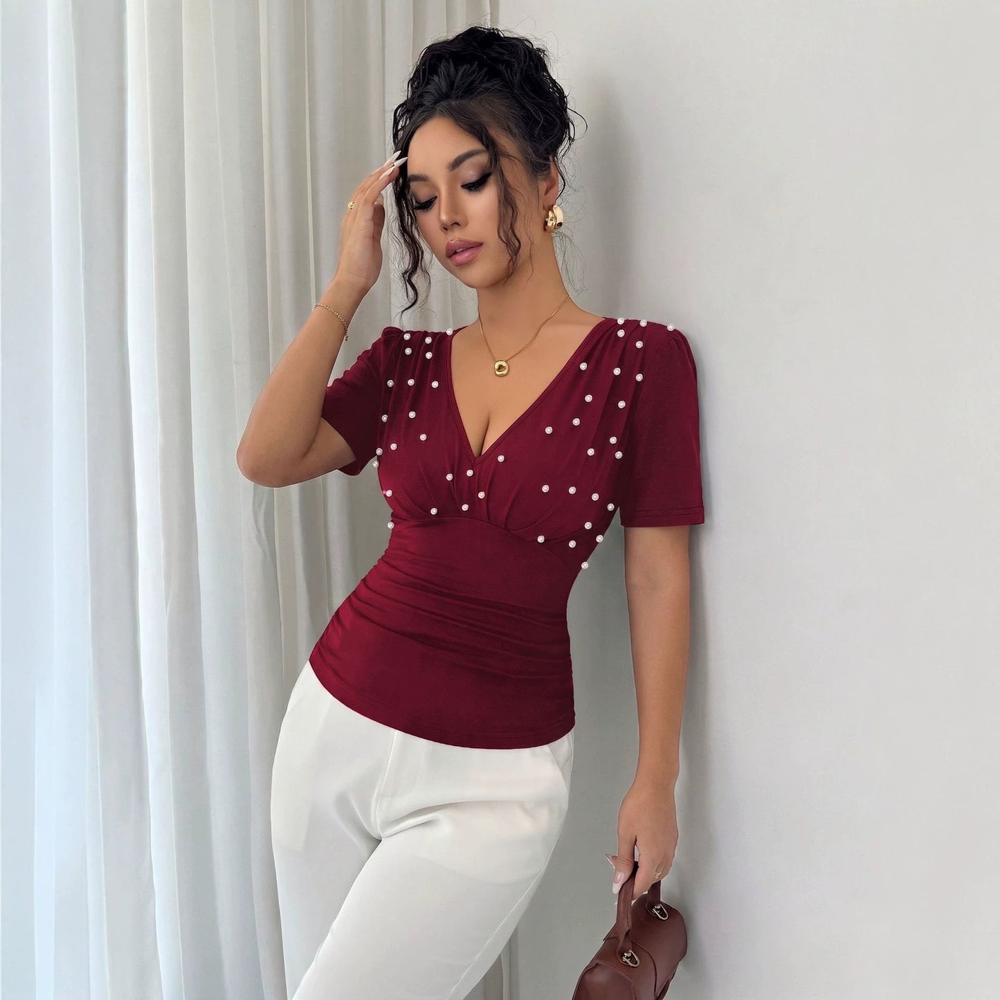 V-Neck Loose Casual Short Sleeve Pullover Top