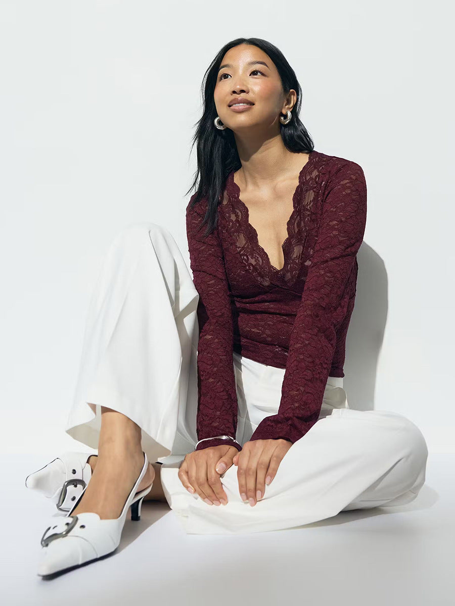 Lace V-Neck Hollow-Out Long Sleeve Bottoming Shirt