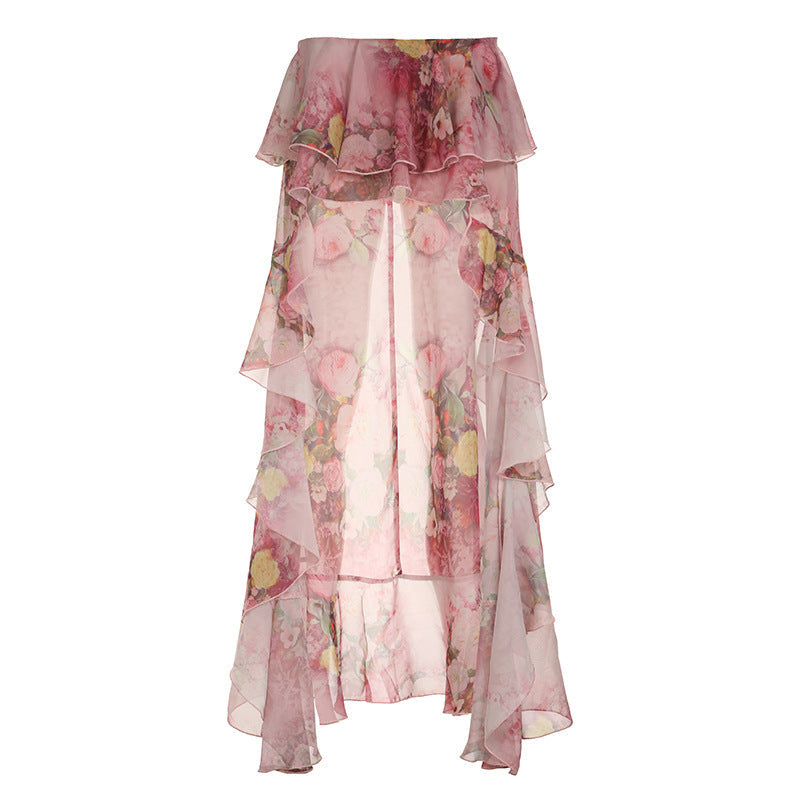 Floral Print Ruffled Asymmetric Trailing Dress