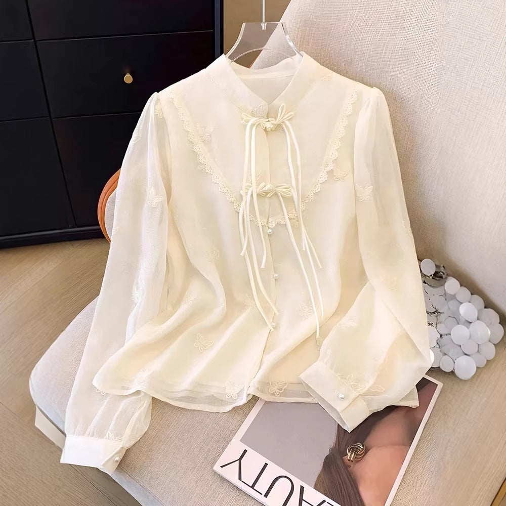 Chinese-Inspired Lace Stitching Long Sleeve Shirt