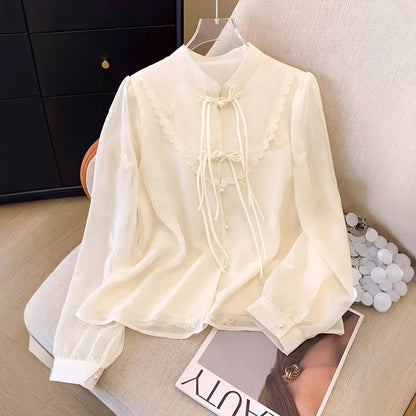 Chinese-Inspired Lace Stitching Long Sleeve Shirt