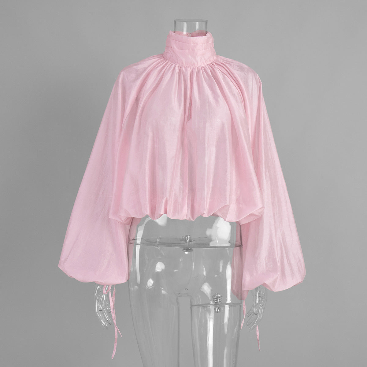 Semi-Transparent Lantern Sleeve Pleated Turtleneck Shirt