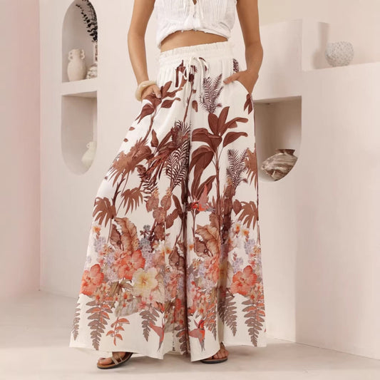 Leaf Print Casual Loose Wide Leg Pants