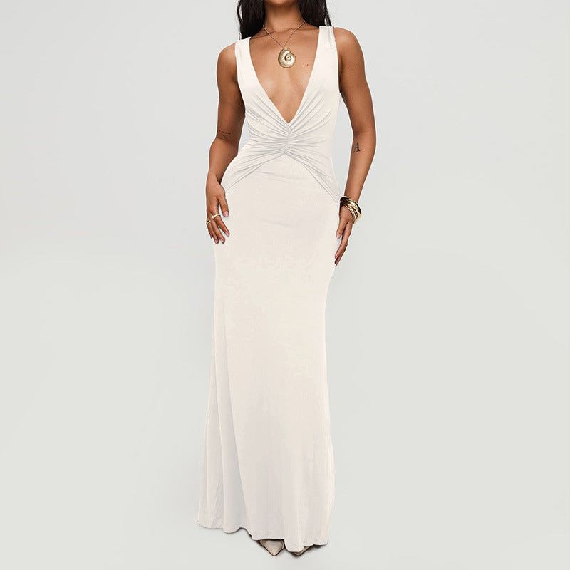 Milk Silk V-Neck Halter Backless Pleated Fishtail Maxi Dress