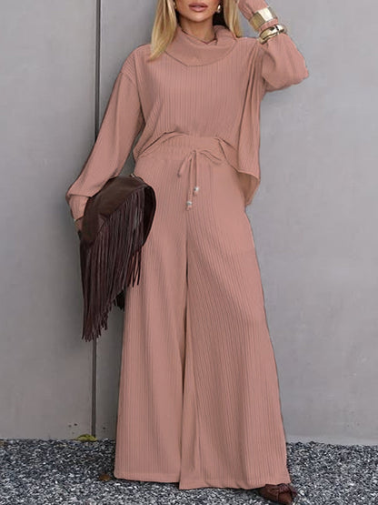 Polo Collar Turtleneck Wide Leg Two-Piece Casual Set