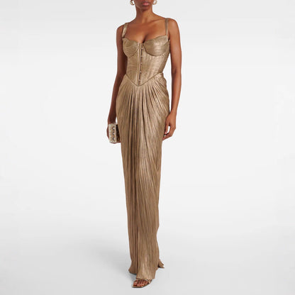 Pleated Gilded Lace-Up Split Party Dress