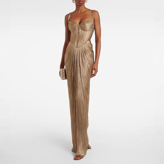 Pleated Gilded Lace-Up Split Party Dress
