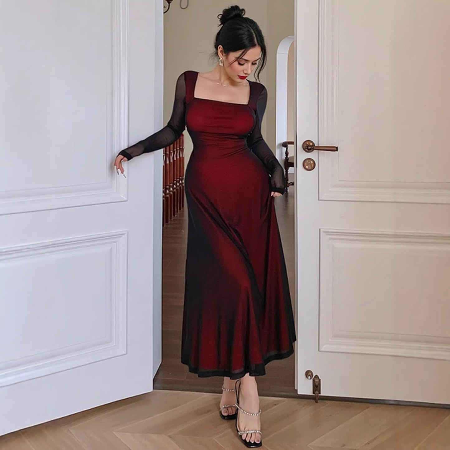 Mesh Sleeve Square Collar Slim Sheath Dress