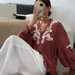 Pearl Button Embroidered Lantern Sleeve V-Neck Top