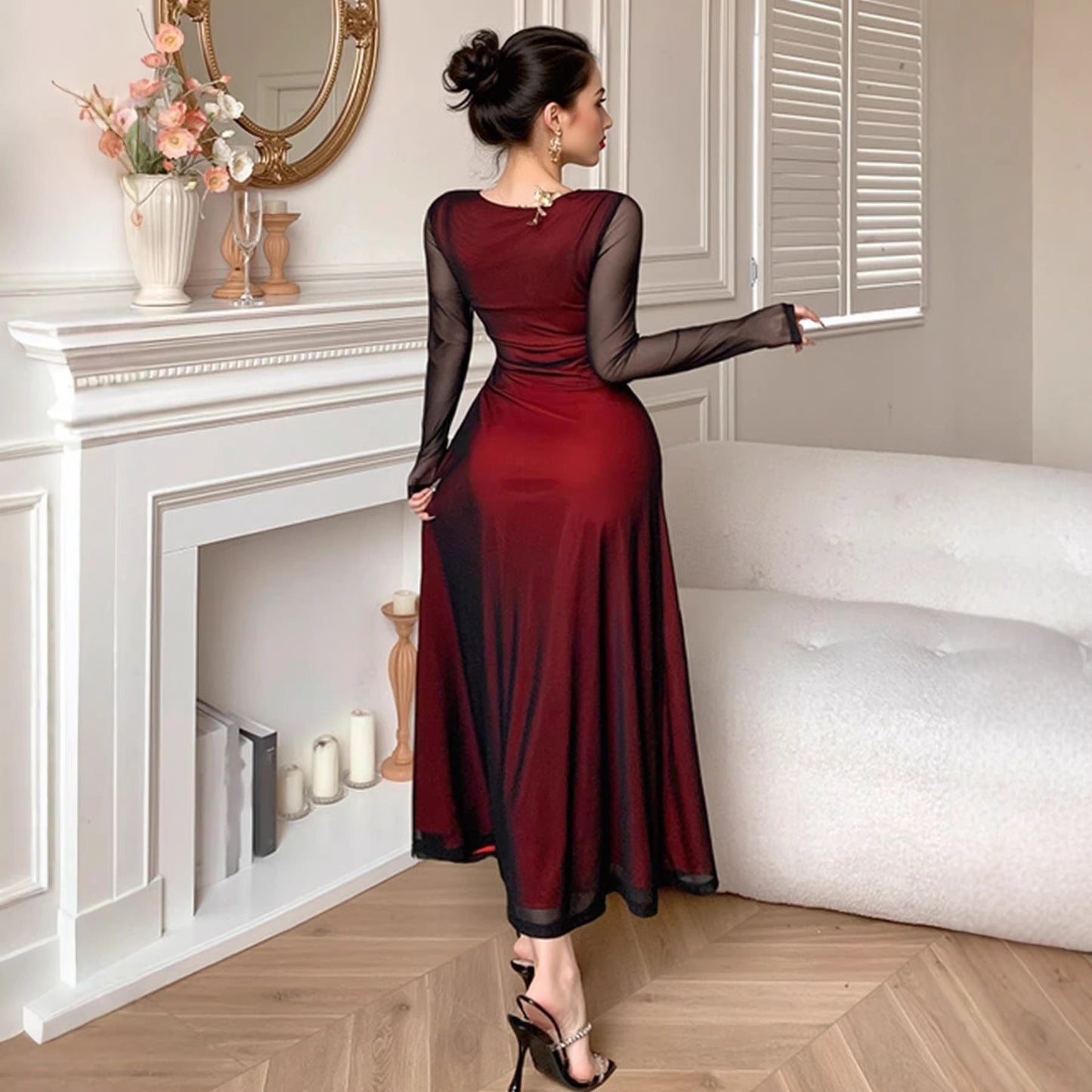 Mesh Sleeve Square Collar Slim Sheath Dress