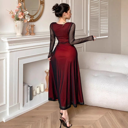 Mesh Sleeve Square Collar Slim Sheath Dress