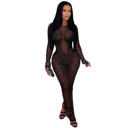 Sheer Mesh Rhinestone Sheath Dress