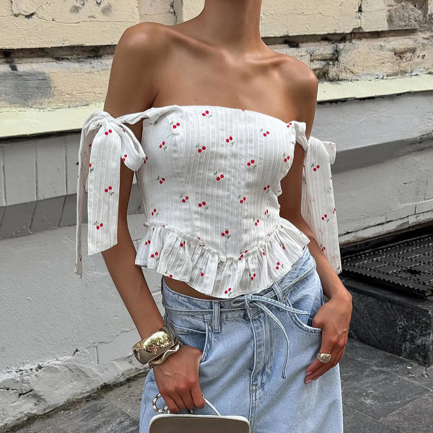 Lace Bow Jacquard Cherry Print Waist-Trimming Vest