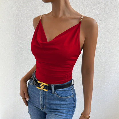 Red Pleated Waist-Tight Strapless Slim Vest Top