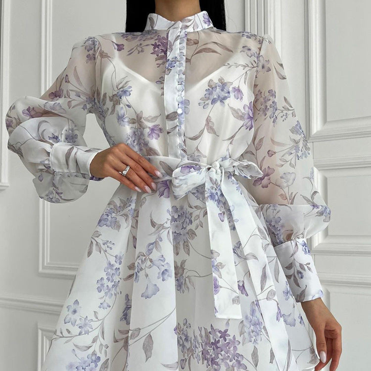 Lace Print Stand Collar Long Sleeve Dress
