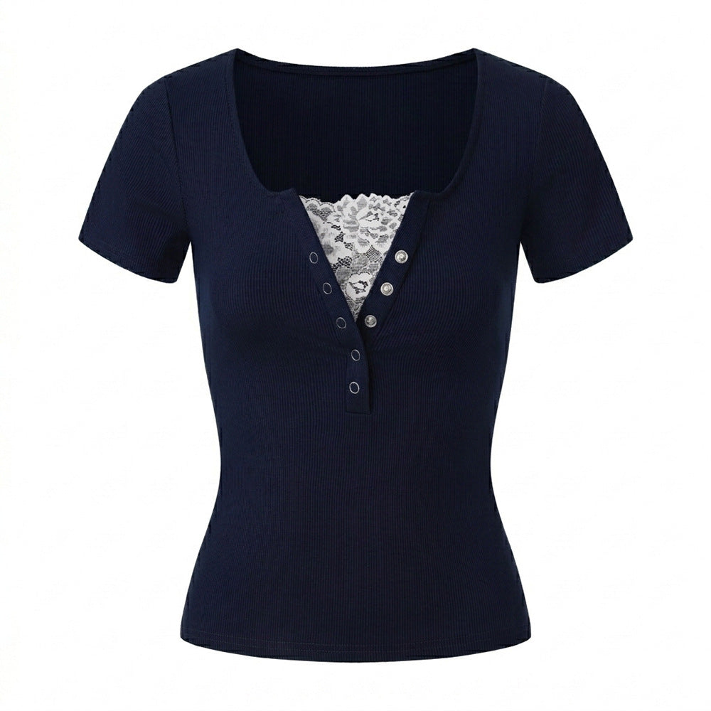 Lace Stitching Solid Short Sleeve Fitted T-Shirt
