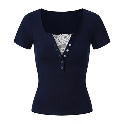 Lace Stitching Solid Short Sleeve Fitted T-Shirt