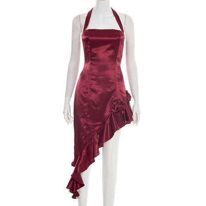 Sleeveless Halter Ruffled Asymmetric Slim Dress