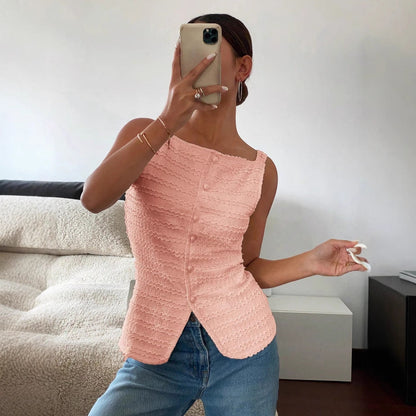 Single-Breasted Round Neck Sleeveless Slim Vest Top