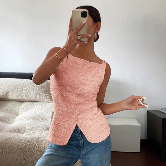 Single-Breasted Round Neck Sleeveless Slim Vest Top
