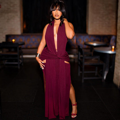 Halter Deep V Backless Split Solid Color Maxi Dress
