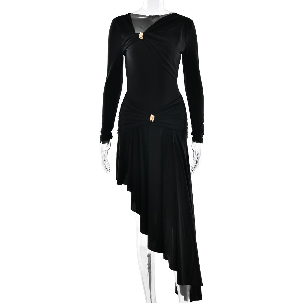 Slim Pleated Asymmetric Irregular Maxi Dress