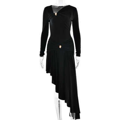 Slim Pleated Asymmetric Irregular Maxi Dress