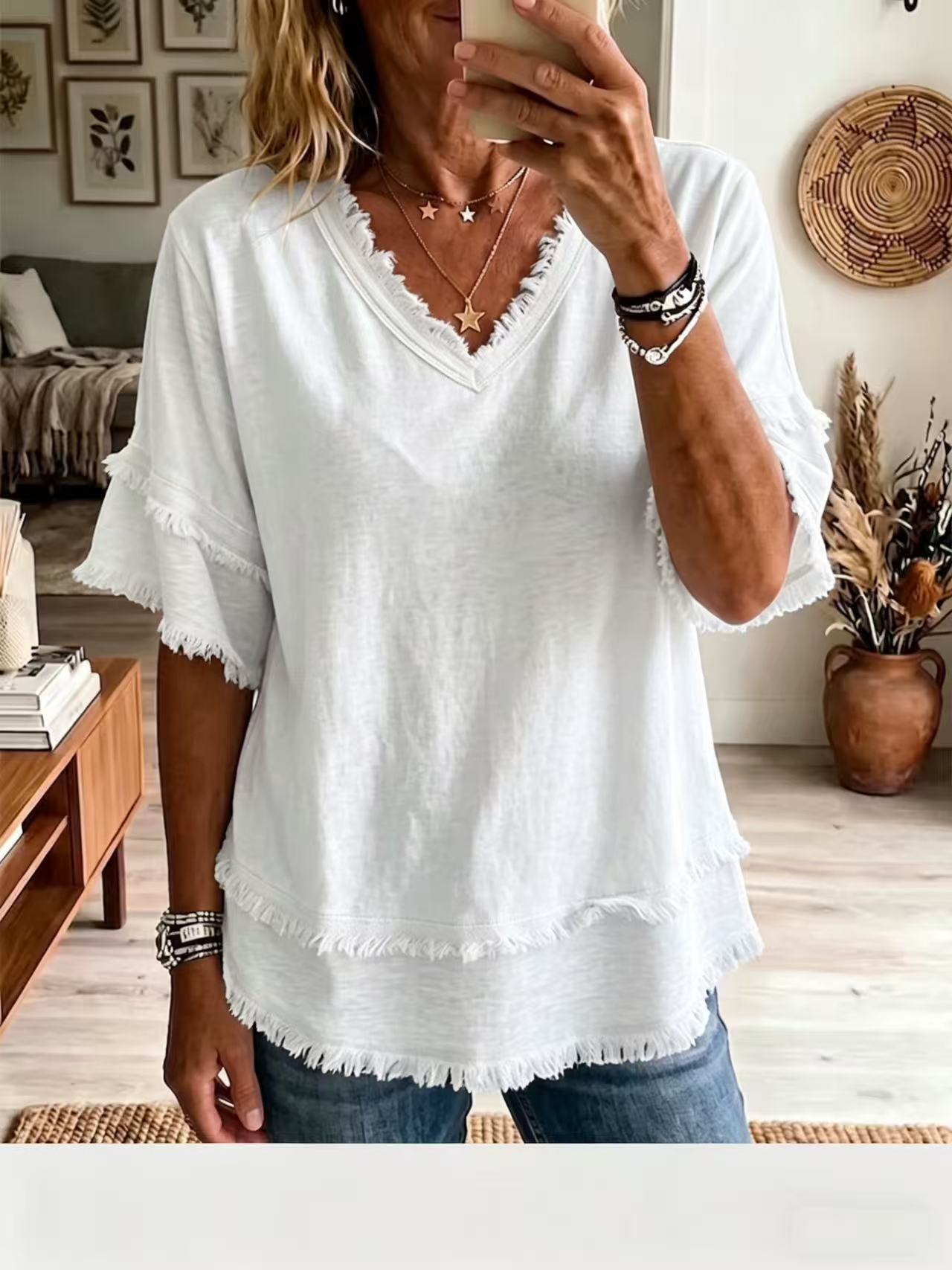 V-Neck Loose Short Sleeve Casual Pullover Top