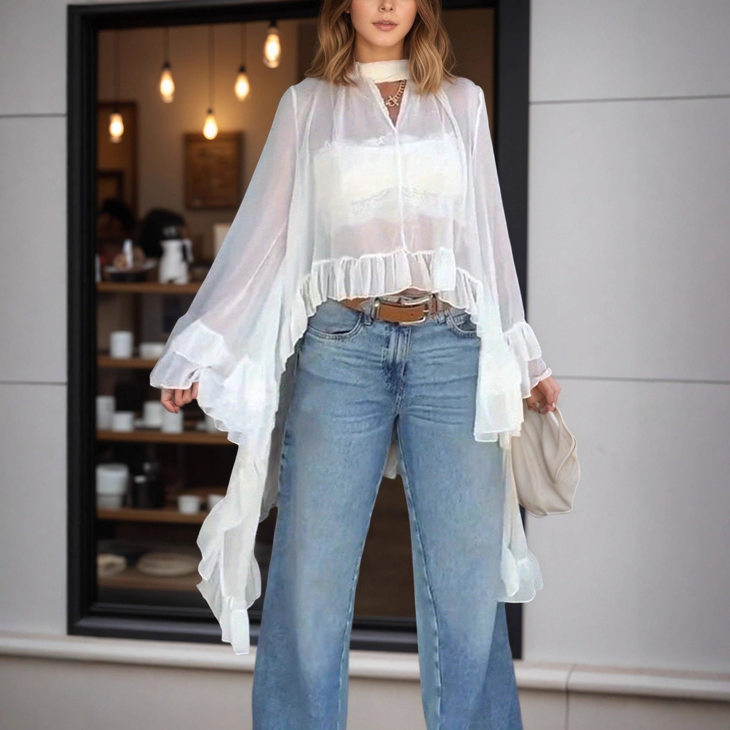 Sheer Ruffle Long Sleeve Hanging Collar Smock Top
