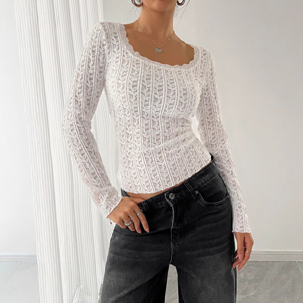 U-Neck Slim Lace Long Sleeve Top