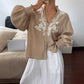 Pearl Button Embroidered Lantern Sleeve V-Neck Top