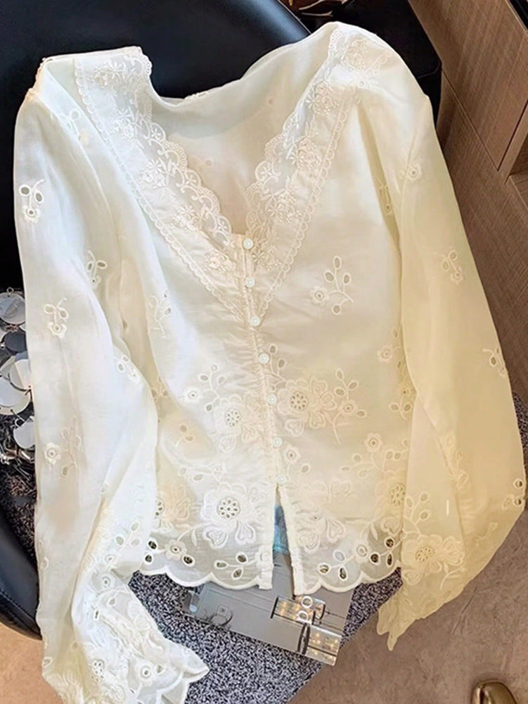 Elegant V-Neck Hollow-Out Lace Long Sleeve Shirt