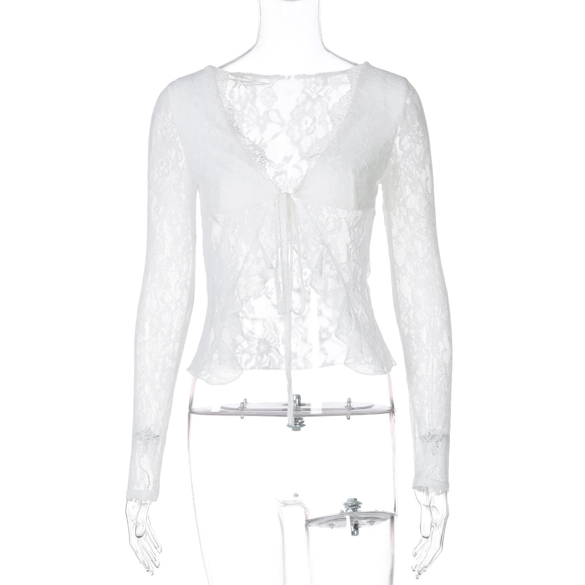 Lace See-Through Lace-Up Long Sleeve Cardigan Top
