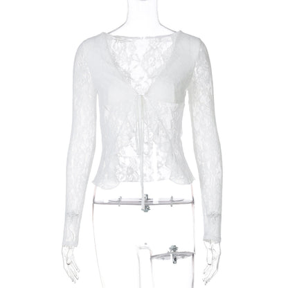 Lace See-Through Lace-Up Long Sleeve Cardigan Top