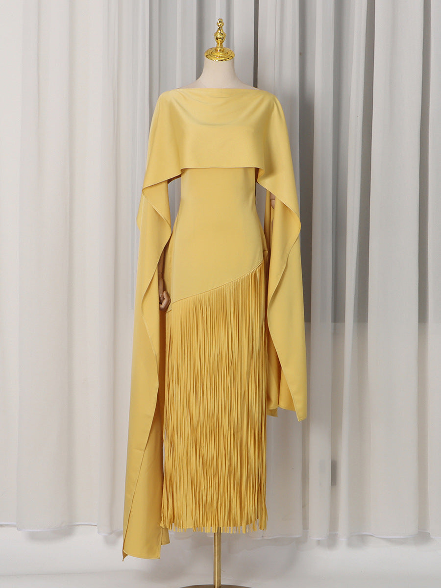 Faux Two-Piece Tassel Shawl Swing Maxi Dress