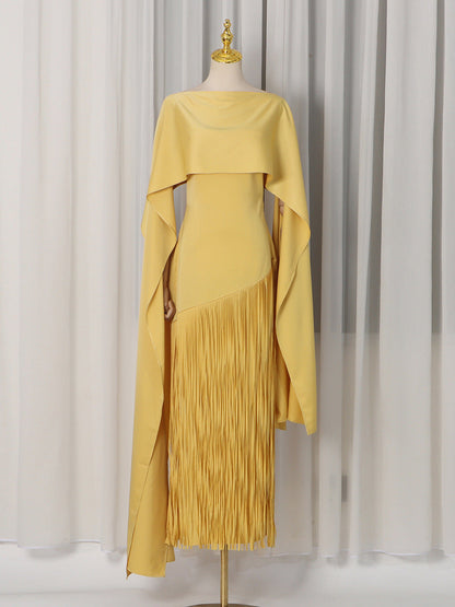 Faux Two-Piece Tassel Shawl Swing Maxi Dress