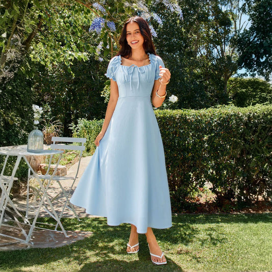 Square Collar Lace-Up Waist-Tight A-Line Midi Dress